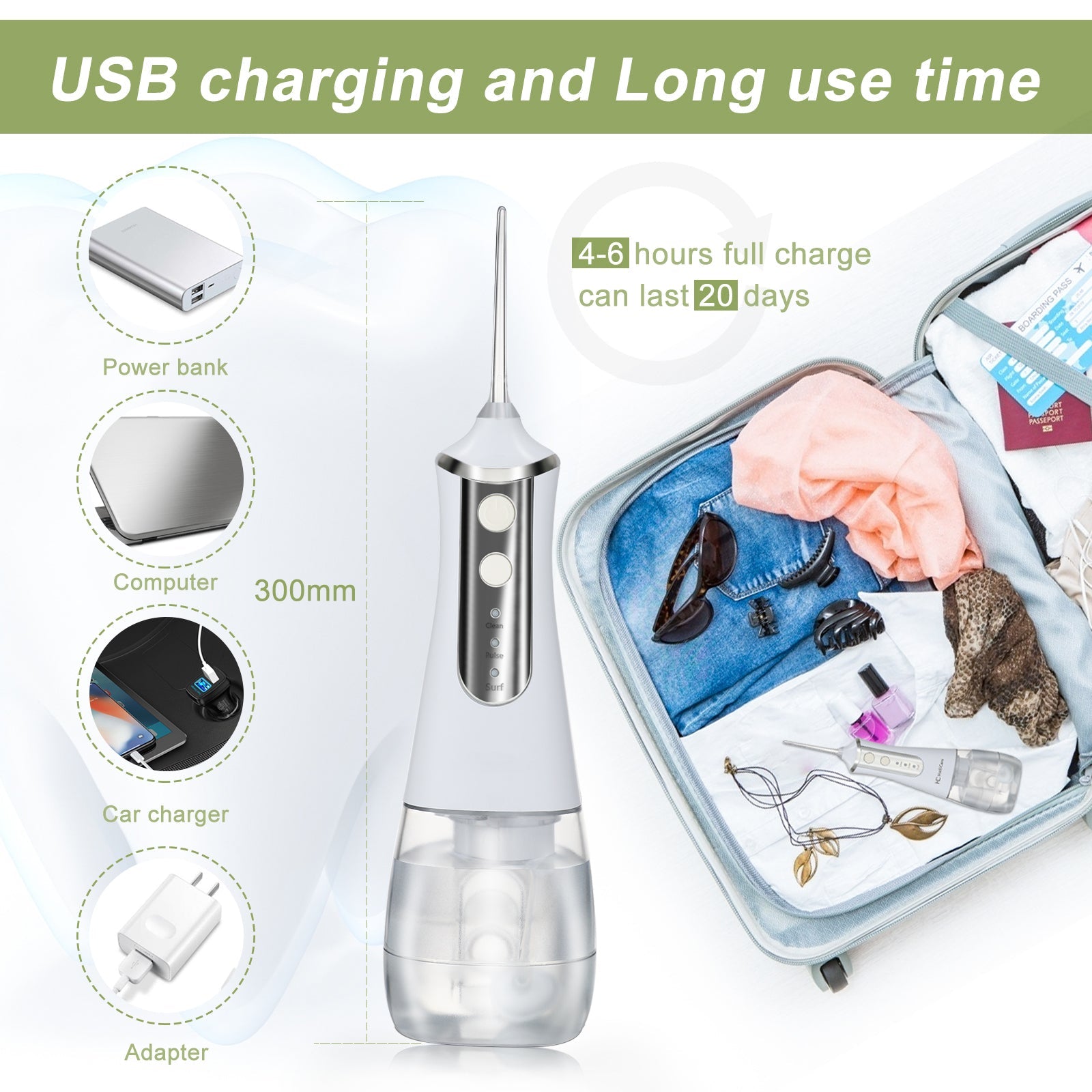 Oral Irrigator USB Rechargeable Water Floss. Portable Dental Water Flosser Jet 350ml. Irrigator Dental Teeth Cleaner 5 Jet